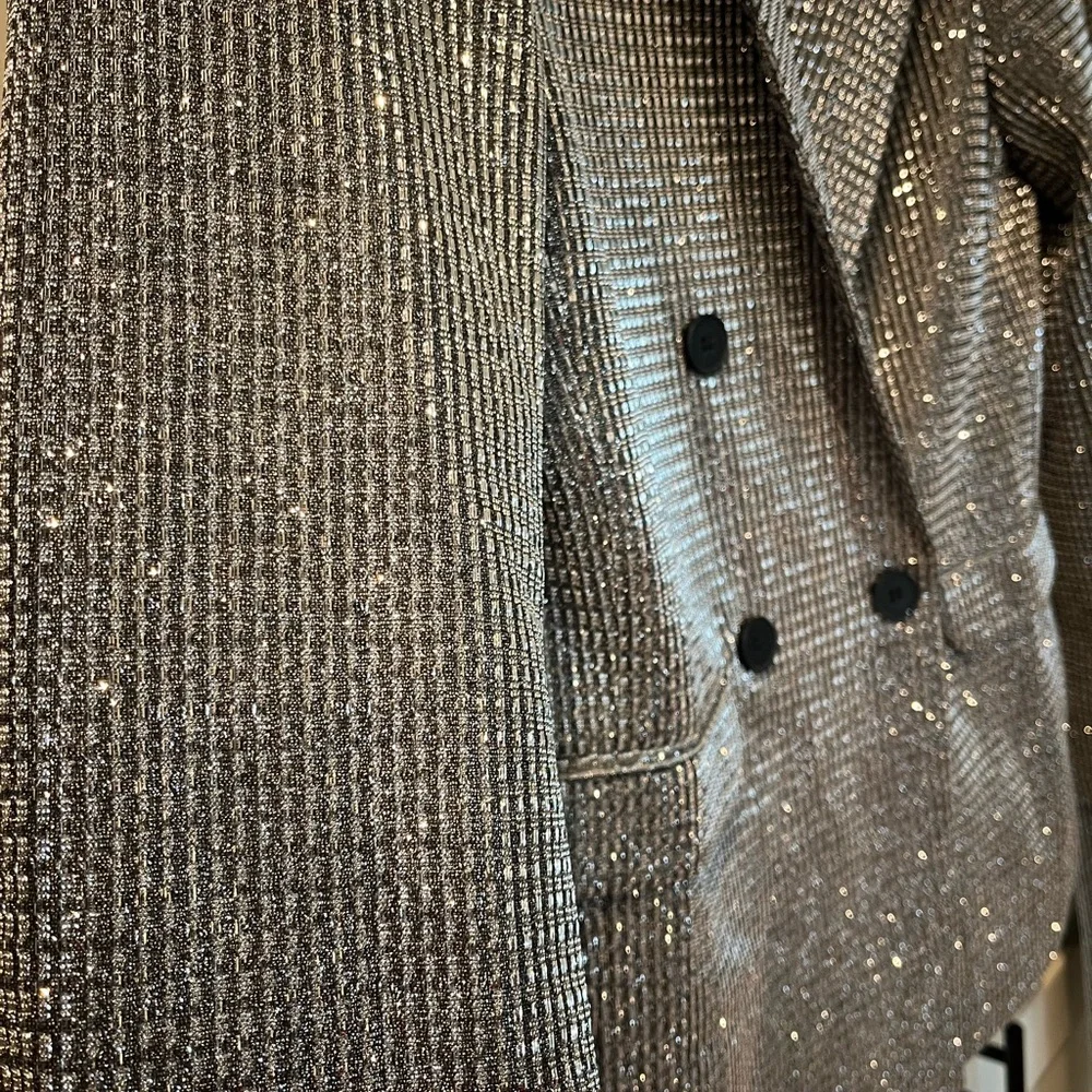 NWOT Sans Souci Silver Glitter Suit Set Blazer Pants Party NYE Medium